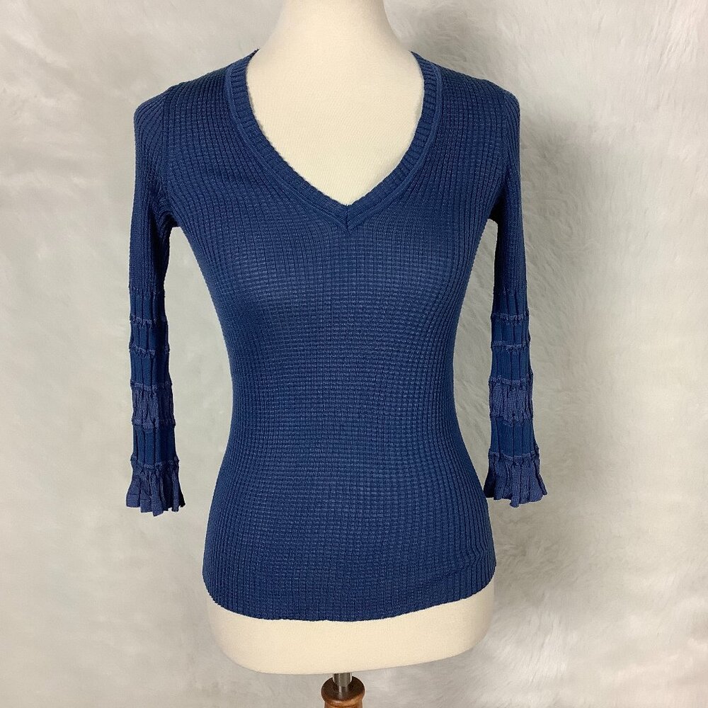 M Missoni Blue Blue Ribbed V-Neck Cotton Blend Bell Sleeve Sweater Top 4